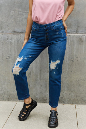 Rugged Rebel High Waisted Distressed Boyfriend Jeans by Judy Blue Dark 0(24) Distressed Denim Jeans by Vim&Vigor | Vim&Vigor Boutique