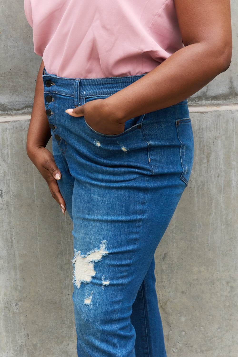 Rugged Rebel High Waisted Distressed Boyfriend Jeans by Judy Blue Dark Distressed Denim Jeans by Vim&Vigor | Vim&Vigor Boutique