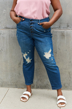 Rugged Rebel High Waisted Distressed Boyfriend Jeans by Judy Blue Dark Distressed Denim Jeans by Vim&Vigor | Vim&Vigor Boutique