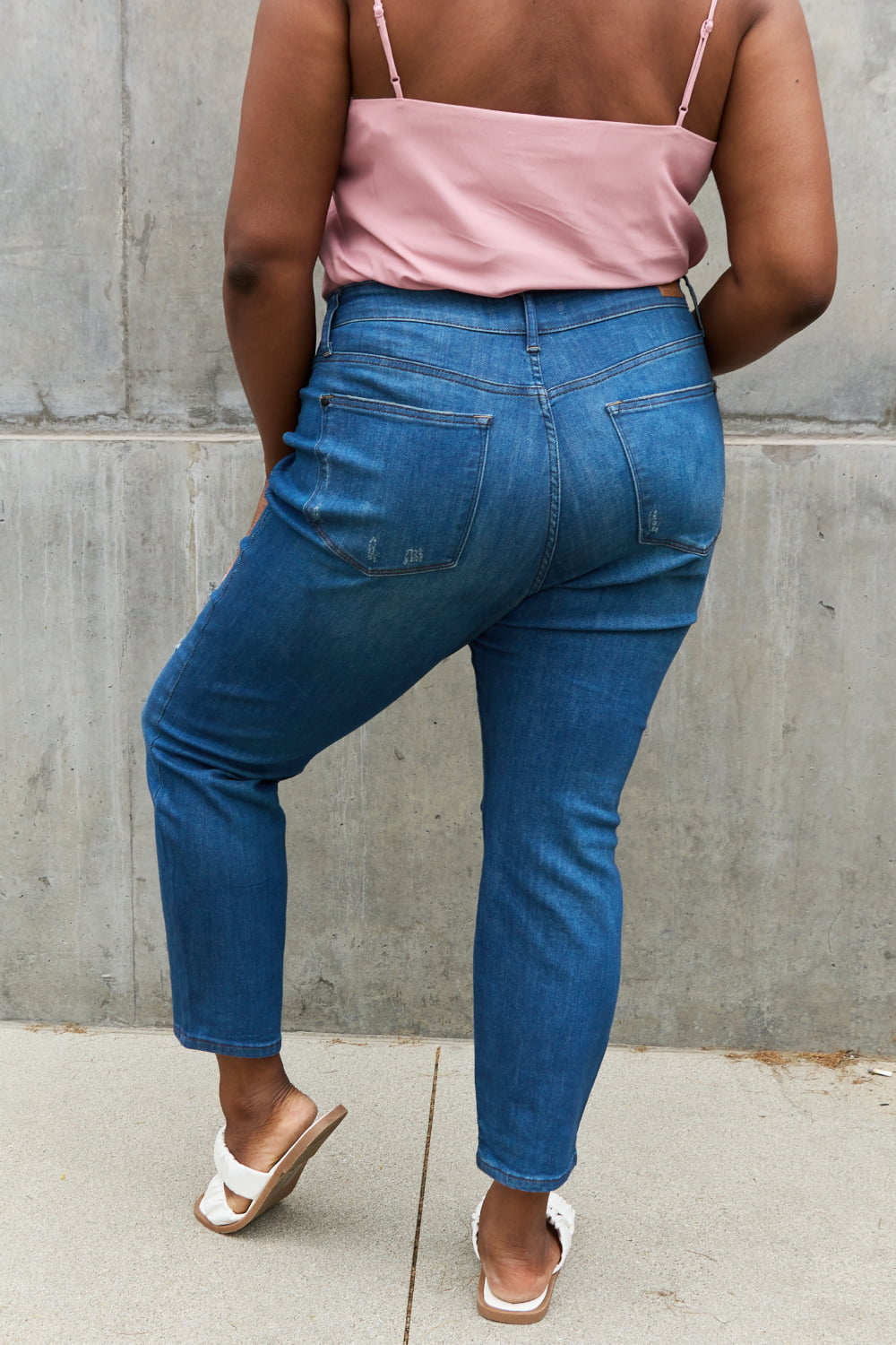 Rugged Rebel High Waisted Distressed Boyfriend Jeans by Judy Blue Dark Distressed Denim Jeans by Vim&Vigor | Vim&Vigor Boutique