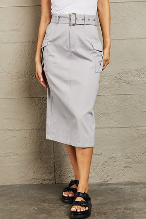 Sassy Professional Buckled Midi Skirt-Light Grey Light Gray Midi Skirts by Vim&Vigor | Vim&Vigor Boutique