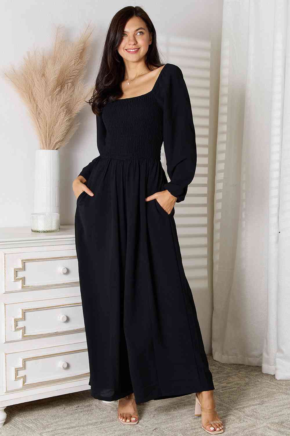 Square Biz Wide-Leg Jumpsuit with Pockets Black Wide Leg Jumpsuit by Vim&Vigor | Vim&Vigor Boutique