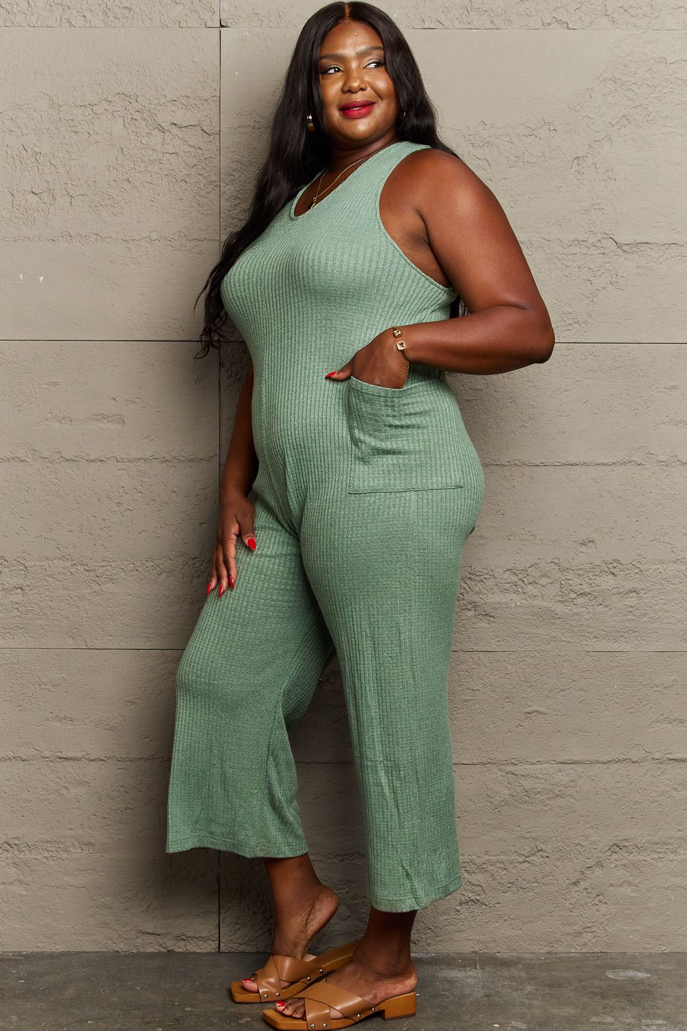 Twisted Over You Rib Knit Jumpsuit-Sage Sage Jumpsuit by Vim&Vigor | Vim&Vigor Boutique