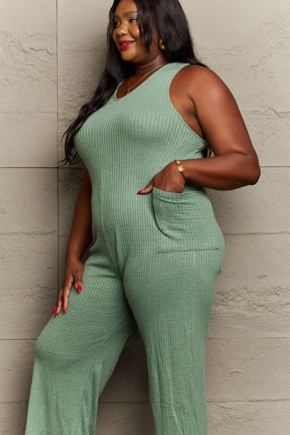 Twisted Over You Rib Knit Jumpsuit-Sage Sage Jumpsuit by Vim&Vigor | Vim&Vigor Boutique