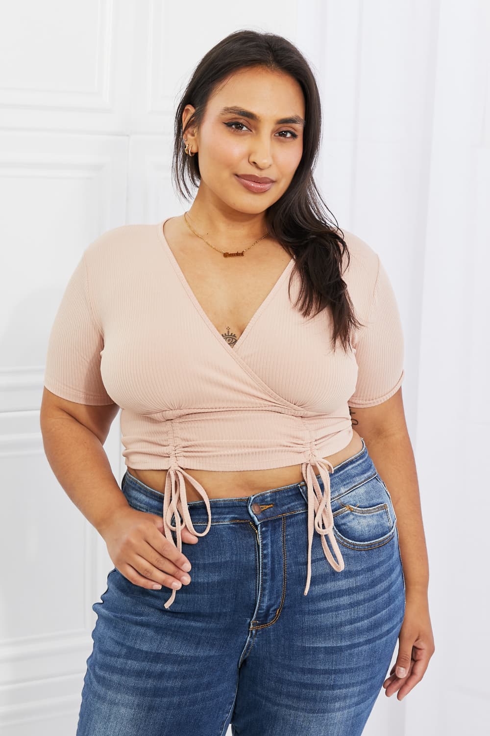 Back To Simple Ribbed Front Scrunched Top-Blush