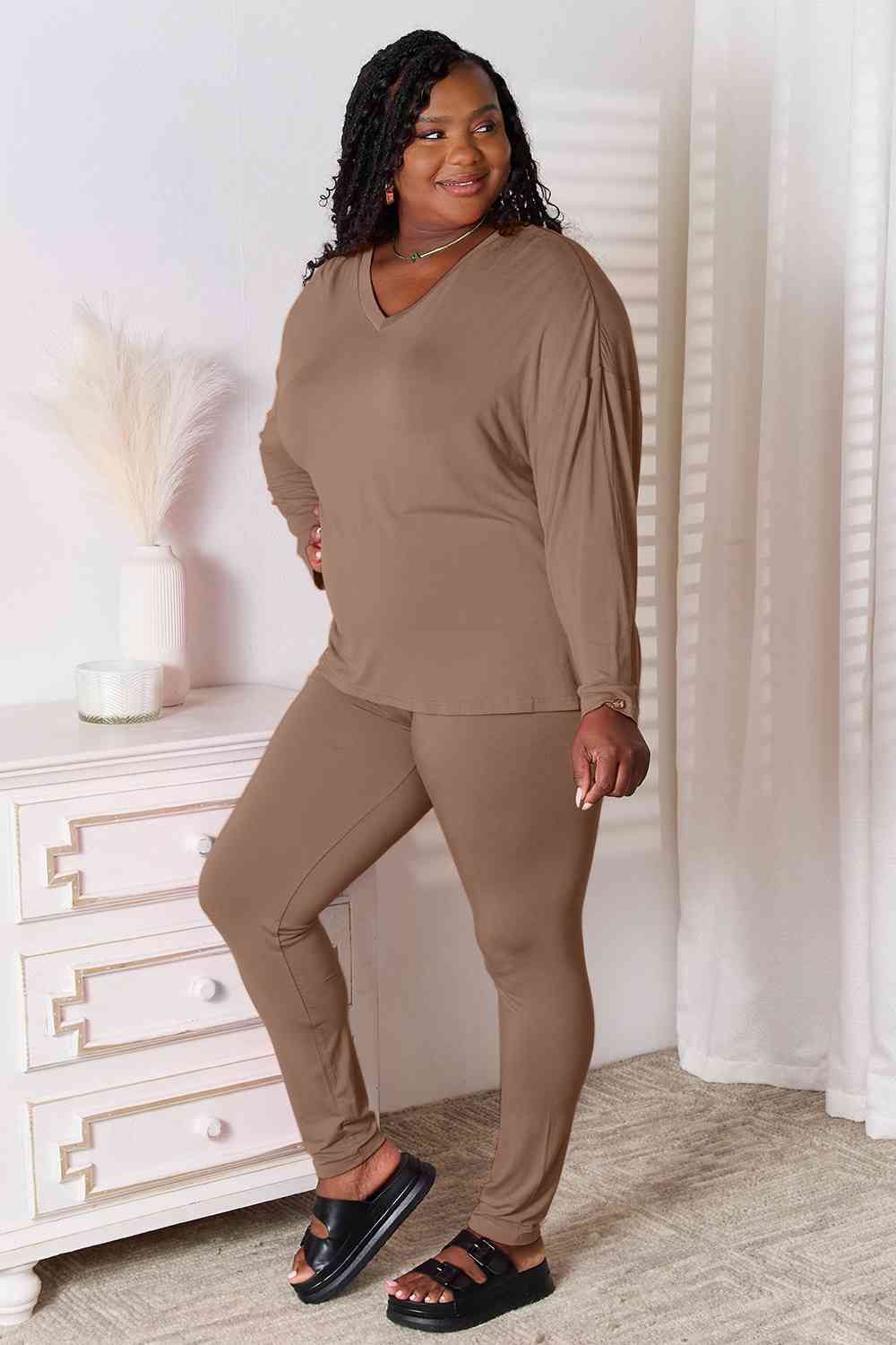 Everyday Comfort V-Neck Long Sleeve Top and Pants Lounge Set