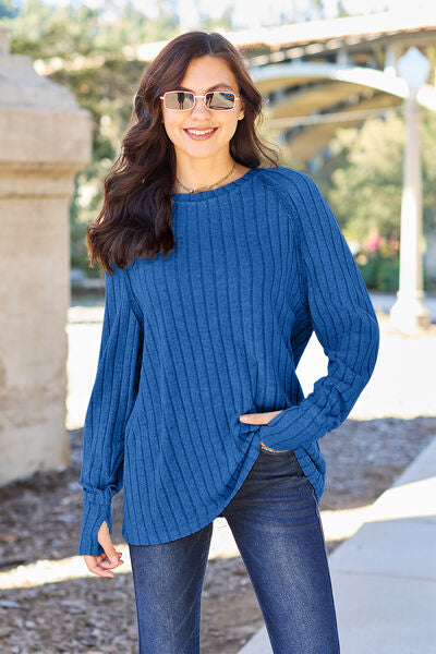 Ribbed Round Neck Long Sleeve Knit Top