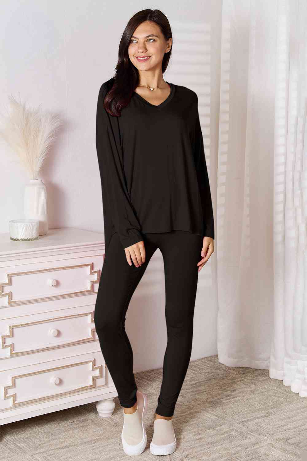 Everyday Comfort V-Neck Long Sleeve Top and Pants Lounge Set