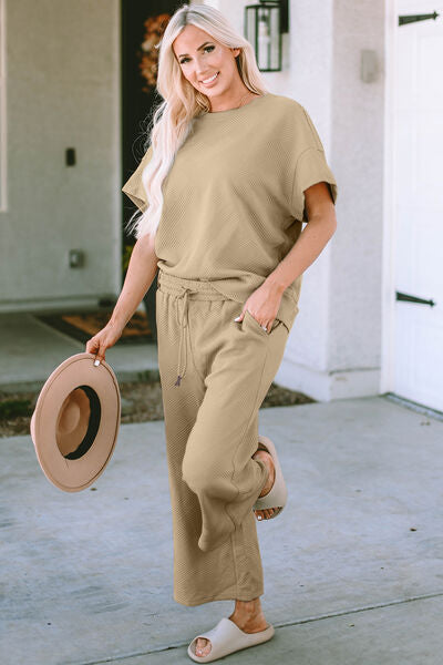 Coordinated Crew Texture Short Sleeve Top and Pants Set