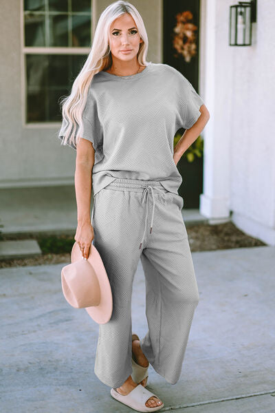 Coordinated Crew Texture Short Sleeve Top and Pants Set